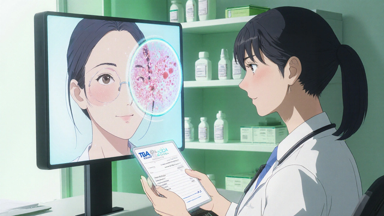 A dermatologist consulting a patient via hologram, showing a magnified skin condition on screen.