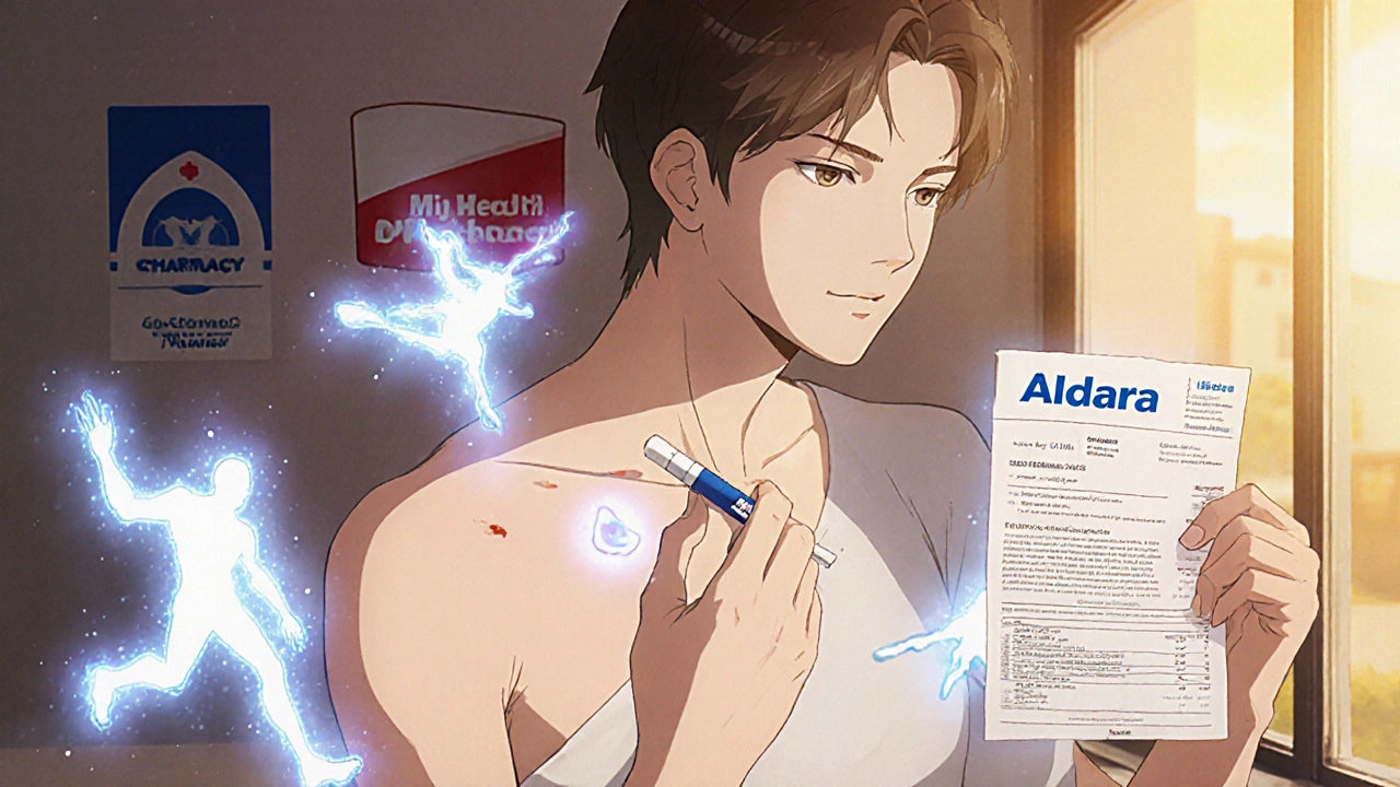 A patient applying Aldara Cream correctly as glowing immune cells fight skin abnormalities.