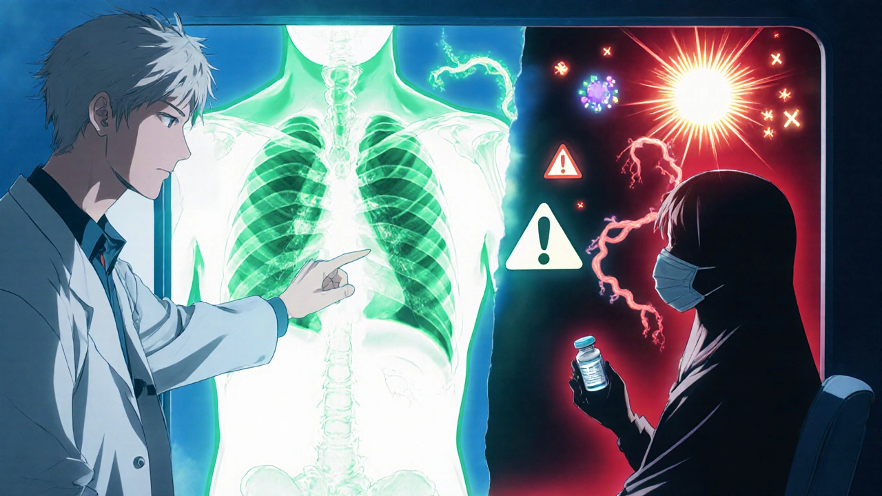 A doctor pointing to a chest X-ray with two contrasting health pathways.