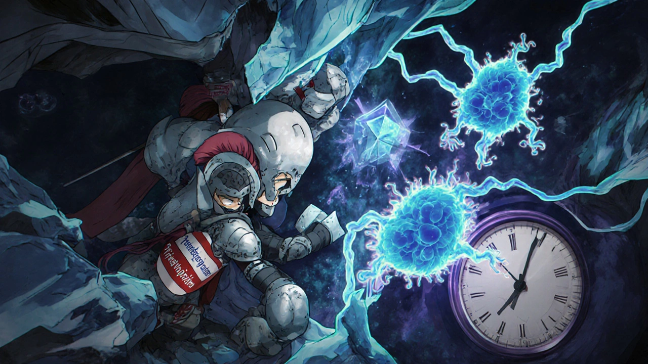 A symbolic battle inside airways between antibiotic warriors and bacteria.