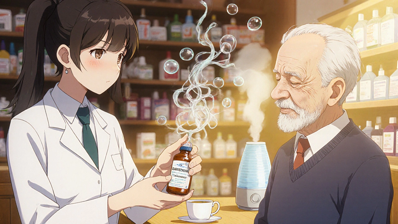 An elderly man receiving guaifenesin from a pharmacist, with mucus dissolving into steam and humidifier light.