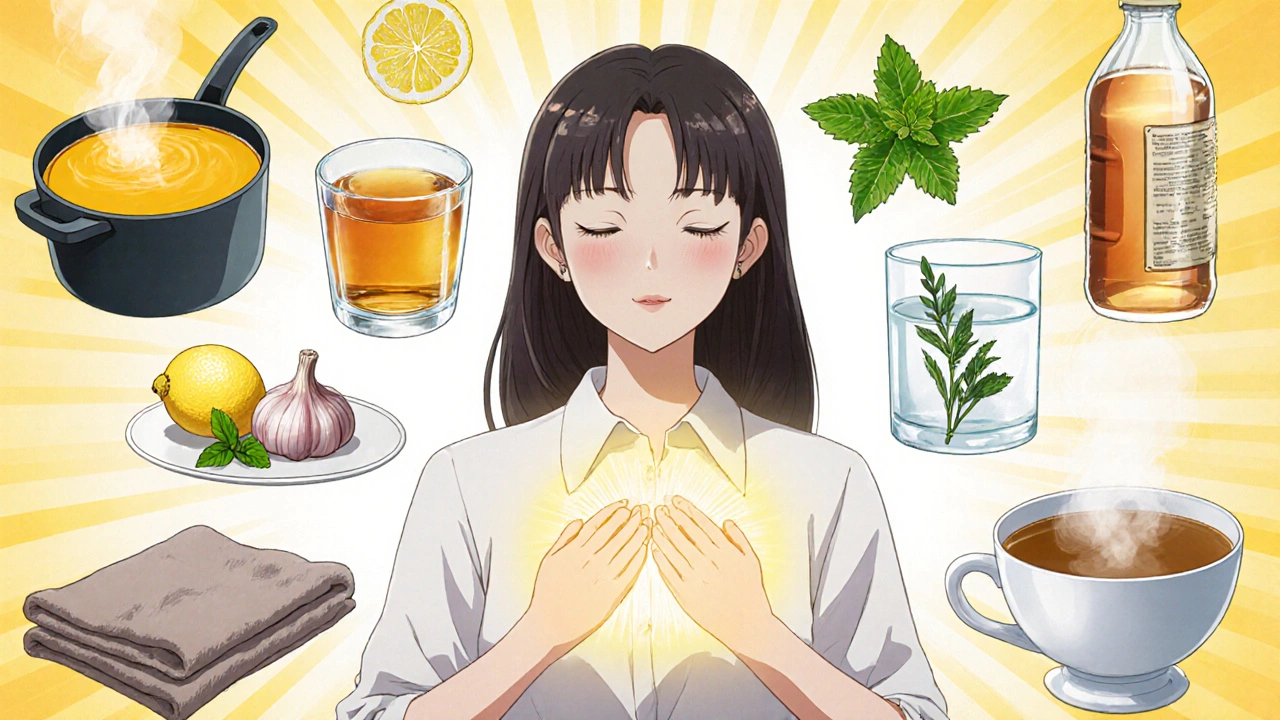 Anime collage of a character with various tea cups, honey, lemon, garlic, compress, and steam inhalation.