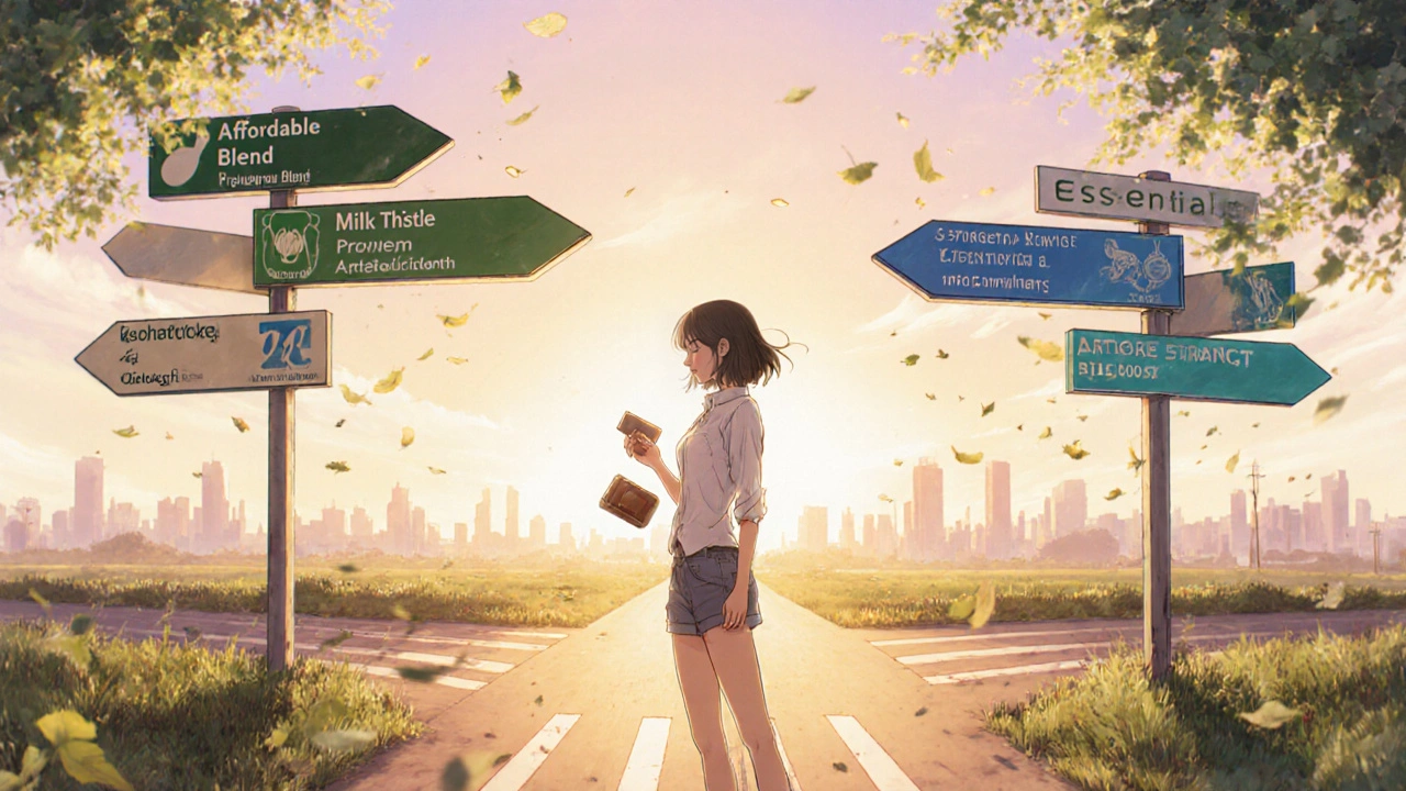 Anime figure at a crossroads choosing between Liv.52, Milk Thistle, Essentiale, and Artichoke supplements.