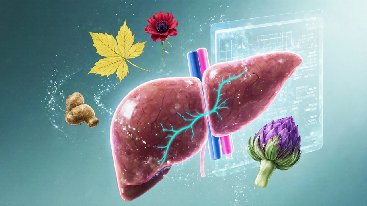 Anime liver cell surrounded by glowing herb icons showing antioxidant, bile, and membrane repair effects.