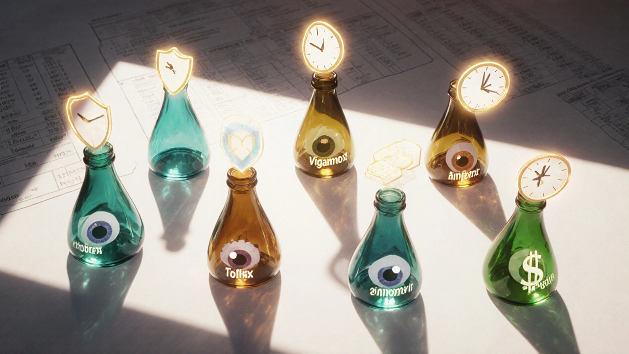 Array of eye‑drop bottles with glowing icons indicating coverage, dosing, and cost.