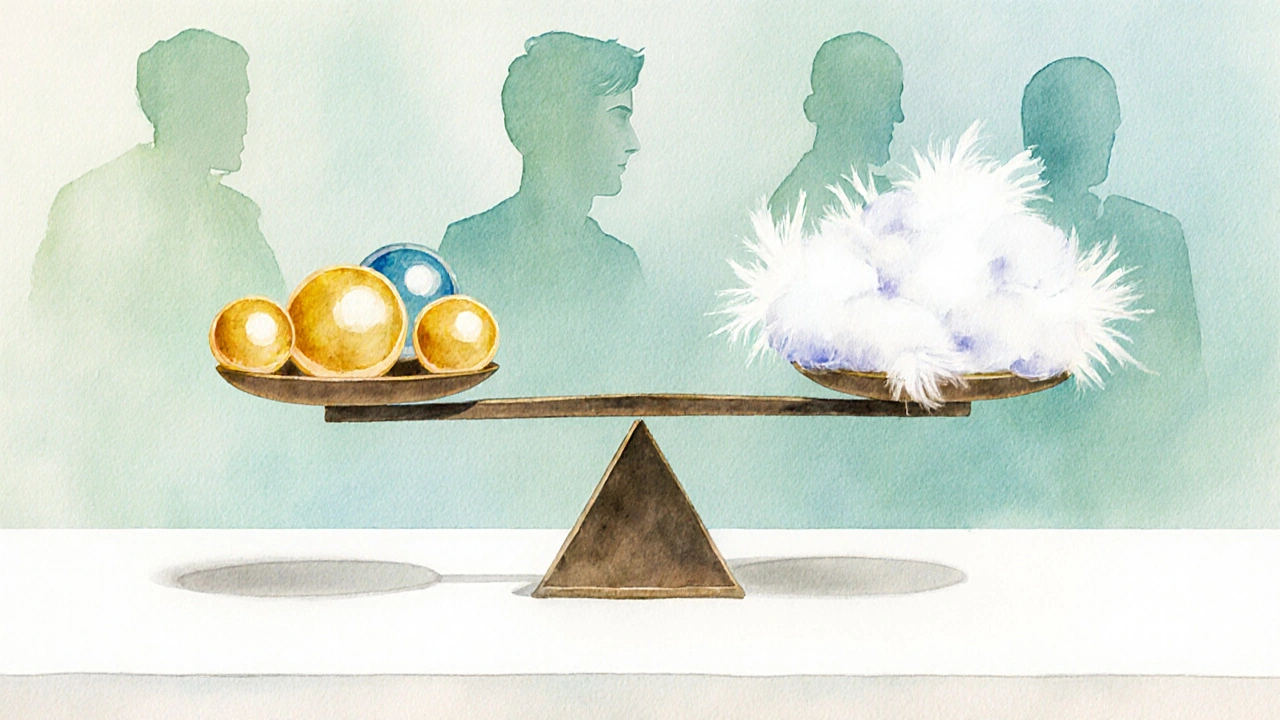 Balance scale with efficacy on one side and side‑effect risk on the other, surrounded by pill silhouettes.