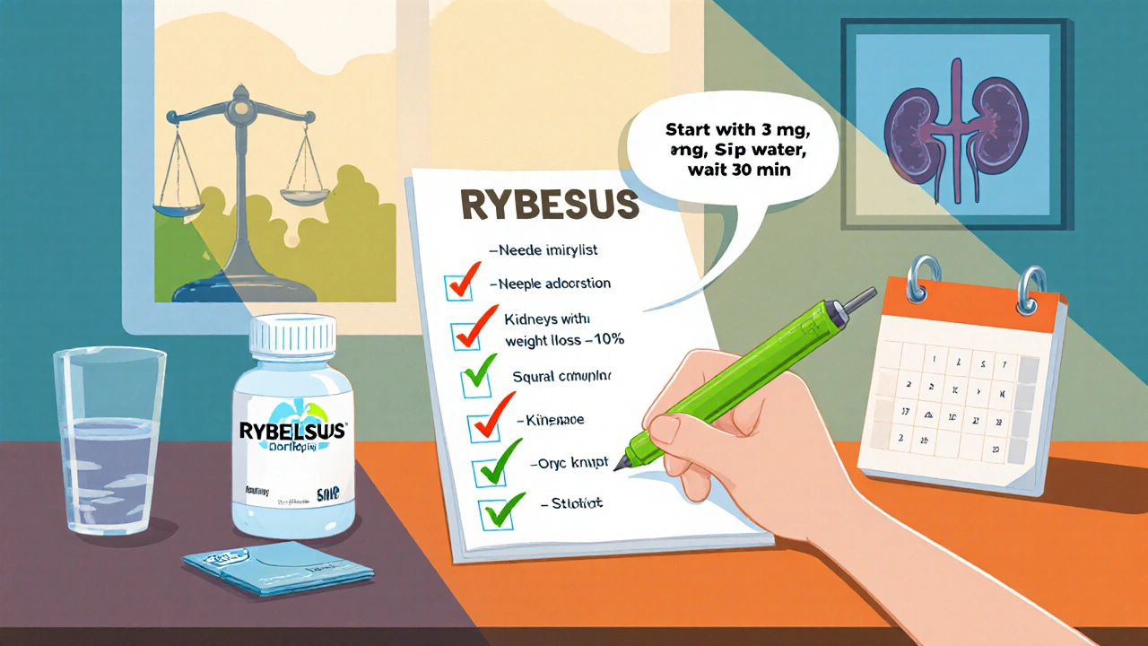 Checklist on kitchen table with Rybelsus bottle, water glass, and icons for needle aversion and weight loss.