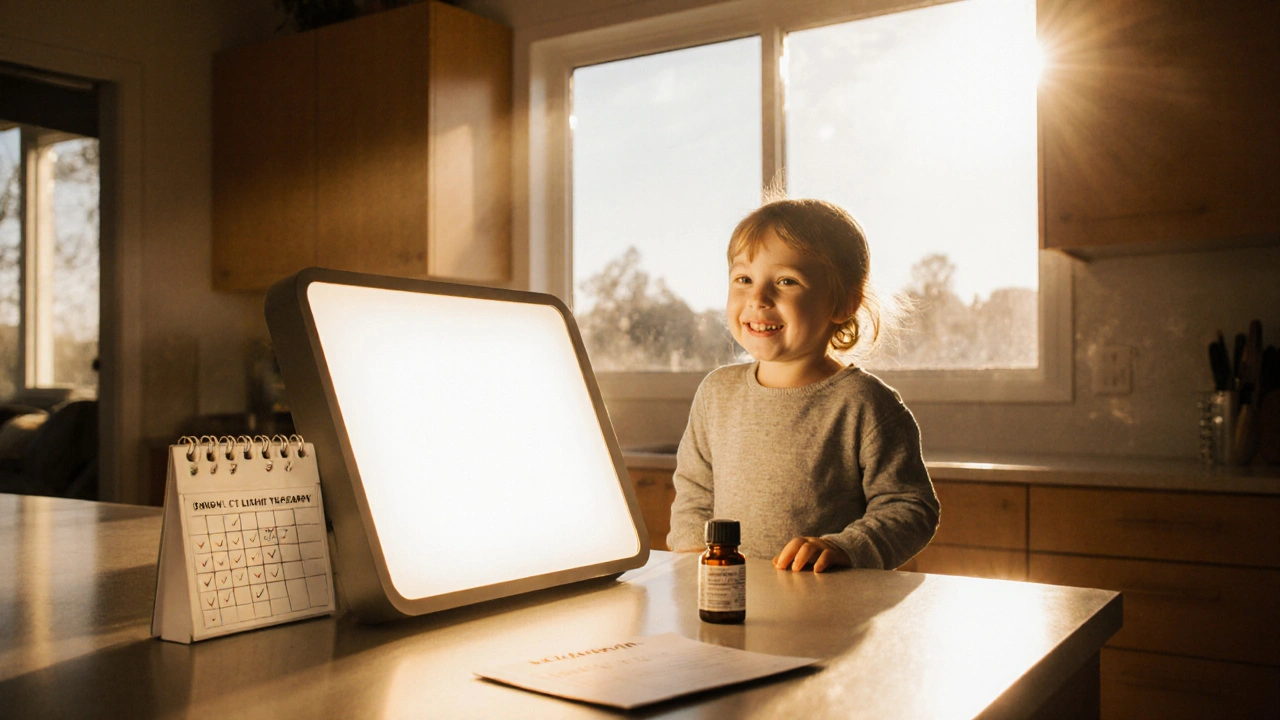 Child using bright‑light box in sunrise kitchen with melatonin bottle.