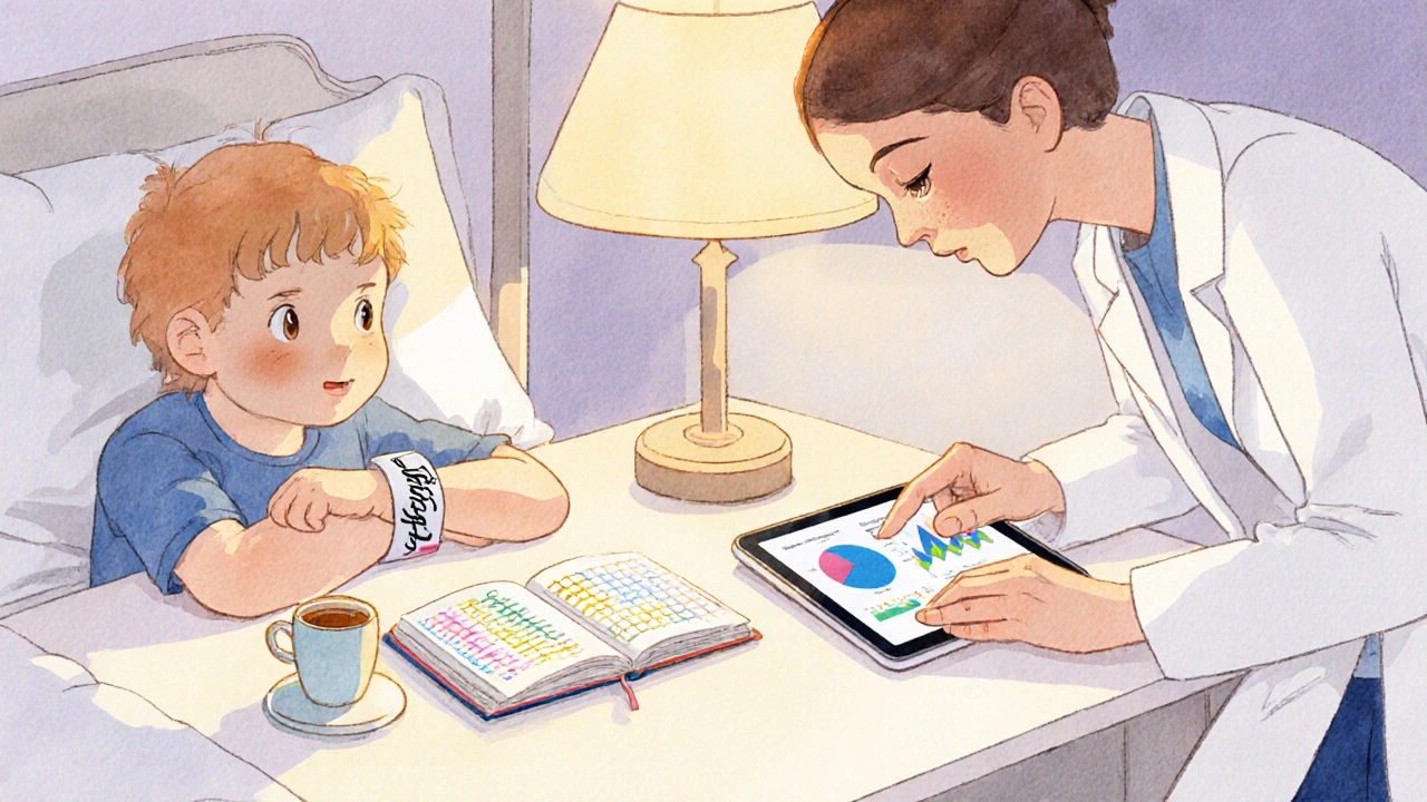Child wearing actigraphy wristband while specialist reviews sleep log.