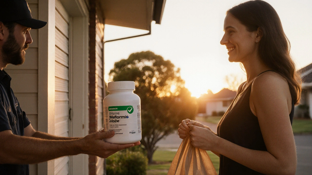Courier delivering a sealed Metformin parcel at an Australian porch.