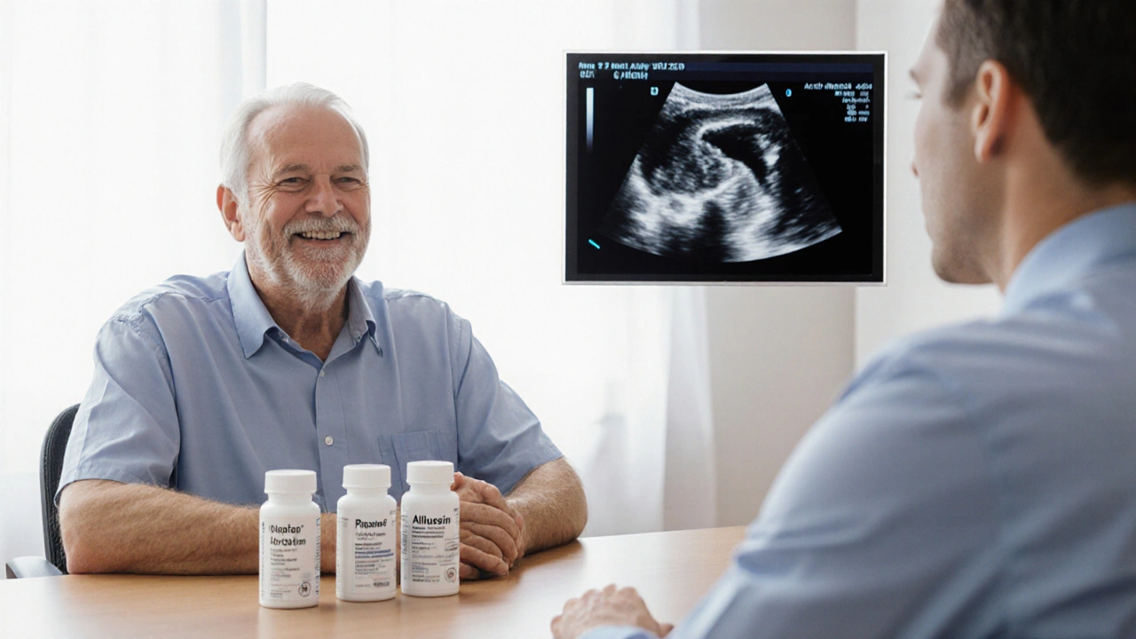 Doctor consulting a senior man with medication bottles and ultrasound showing reduced prostate size.