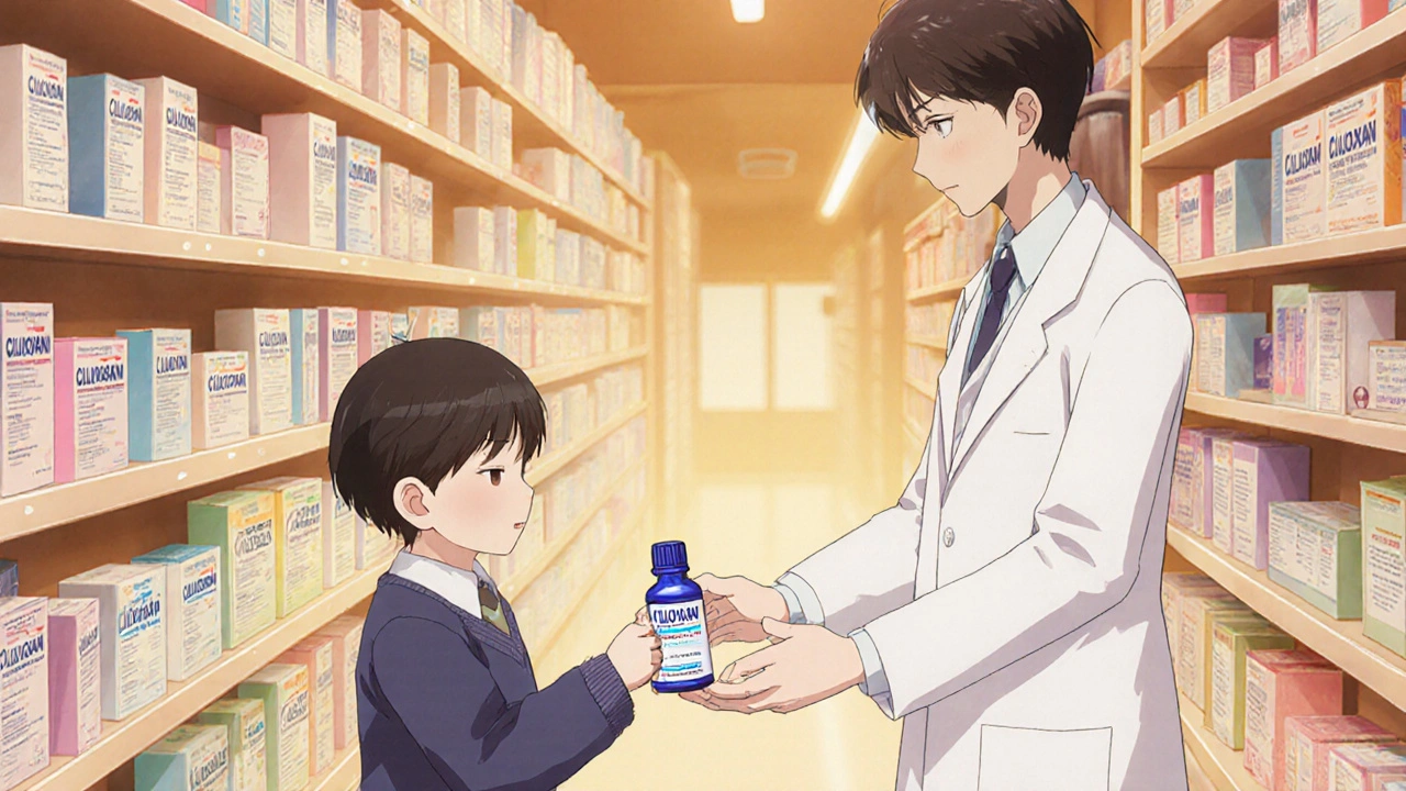 Doctor handing eye‑drop bottle to a child&#039;s parent in a pharmacy aisle.