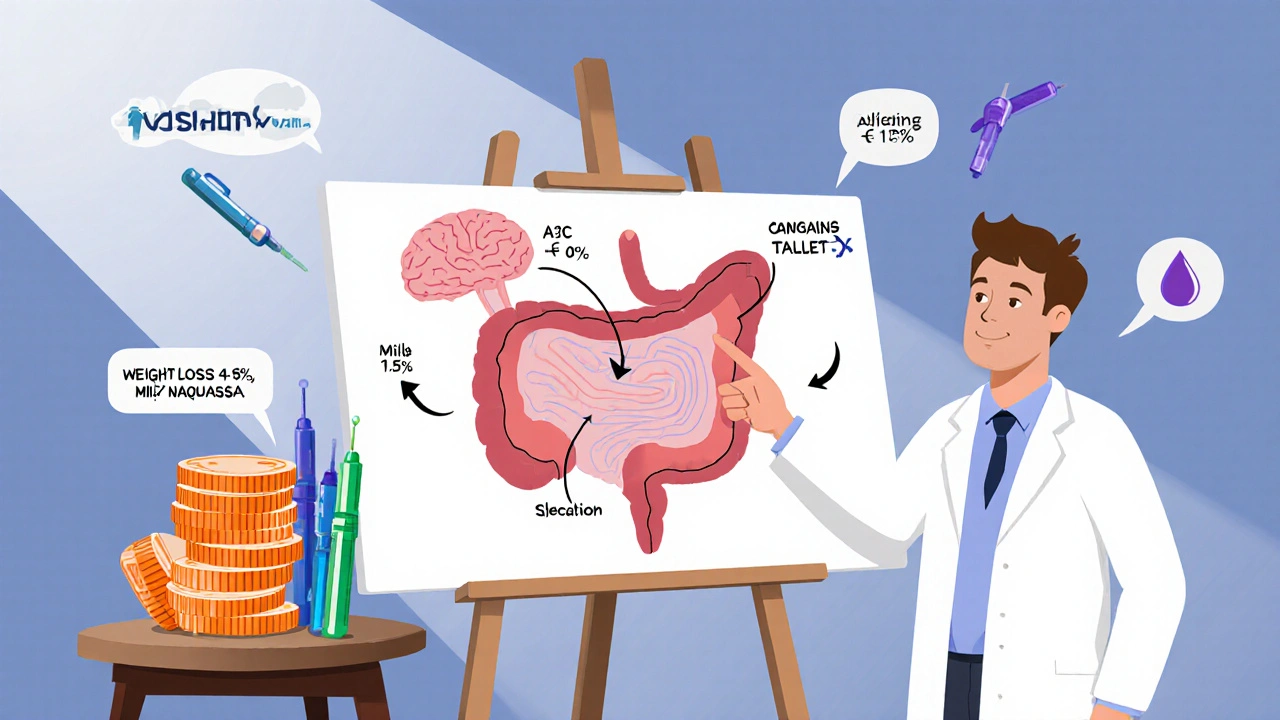Doctor pointing at diagram showing pancreas, brain, and stomach with tablets and pens beside it.