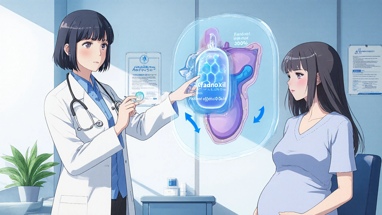 Doctor showing cefadroxil molecule and placenta transfer to a pregnant patient in a clinic.