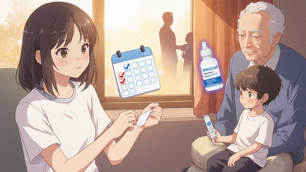 Family members applying steroids responsibly, with gentle sunlight and calendar symbols.