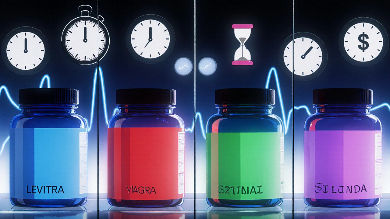 Four glowing pill bottles with icons for onset, duration, cost, and food interaction.