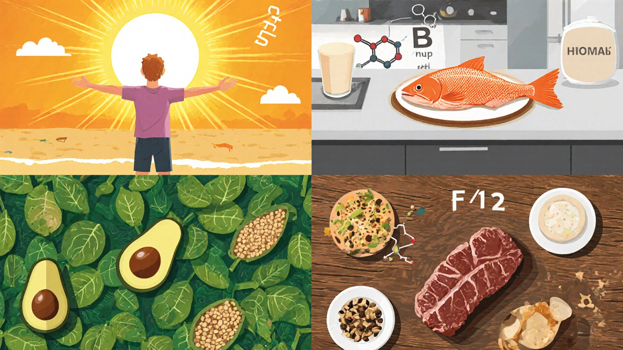 Four‑quadrant illustration of foods rich in vitamin D, B12, folate, and iron.