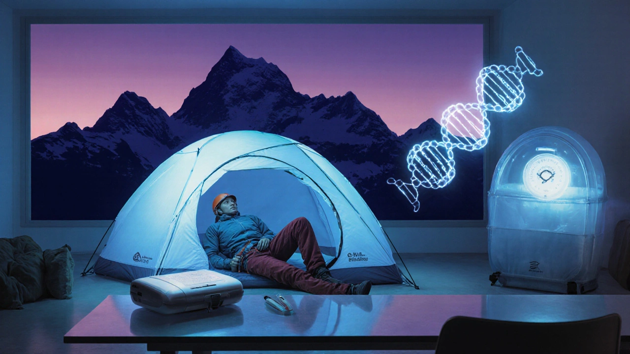 Futuristic scene of climber with genetic test, hypoxic tent, and portable hyperbaric chamber before summit.