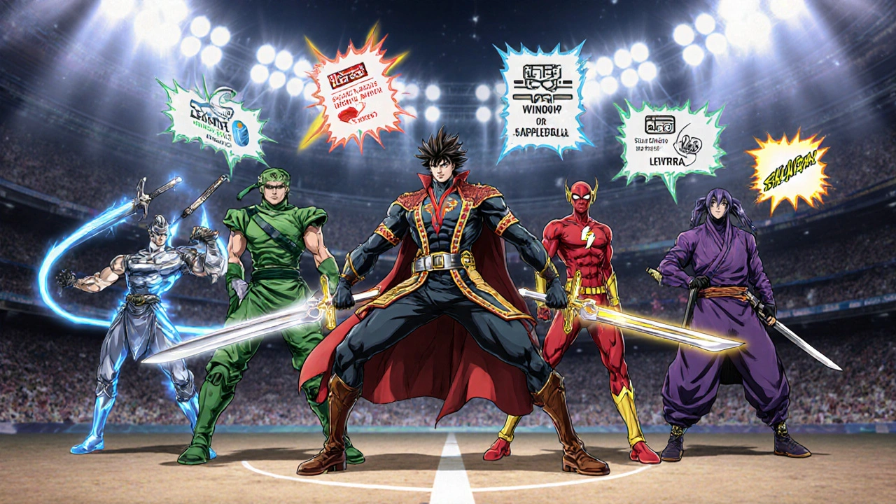 Group of anime heroes each representing different ED drugs with floating stats.