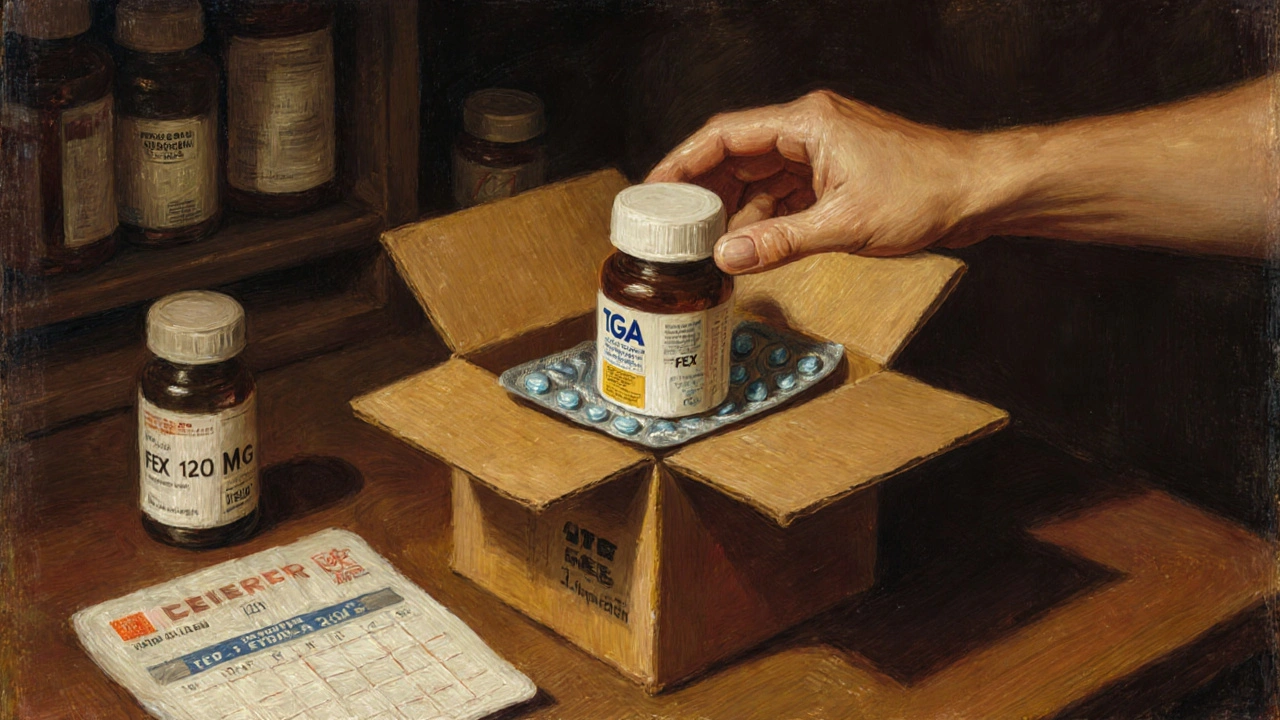 Hand opening box revealing labeled Allegra generic pills with imprint.