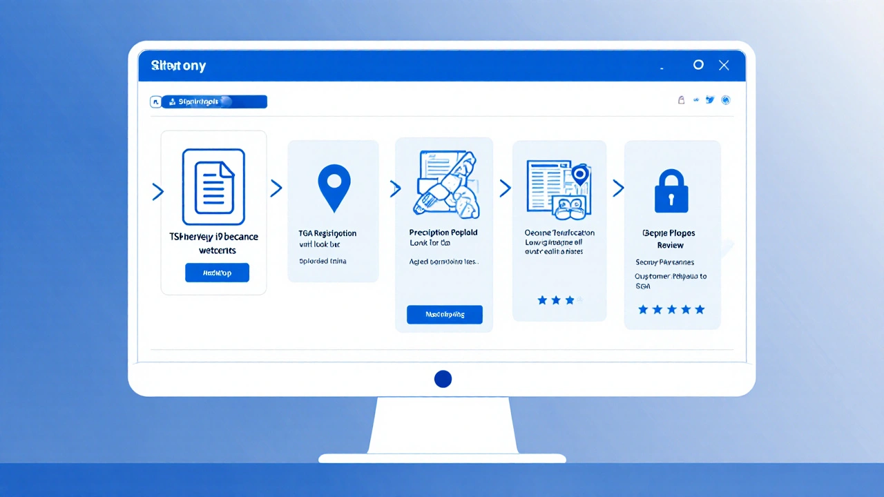 Illustration of five steps to verify an online pharmacy.