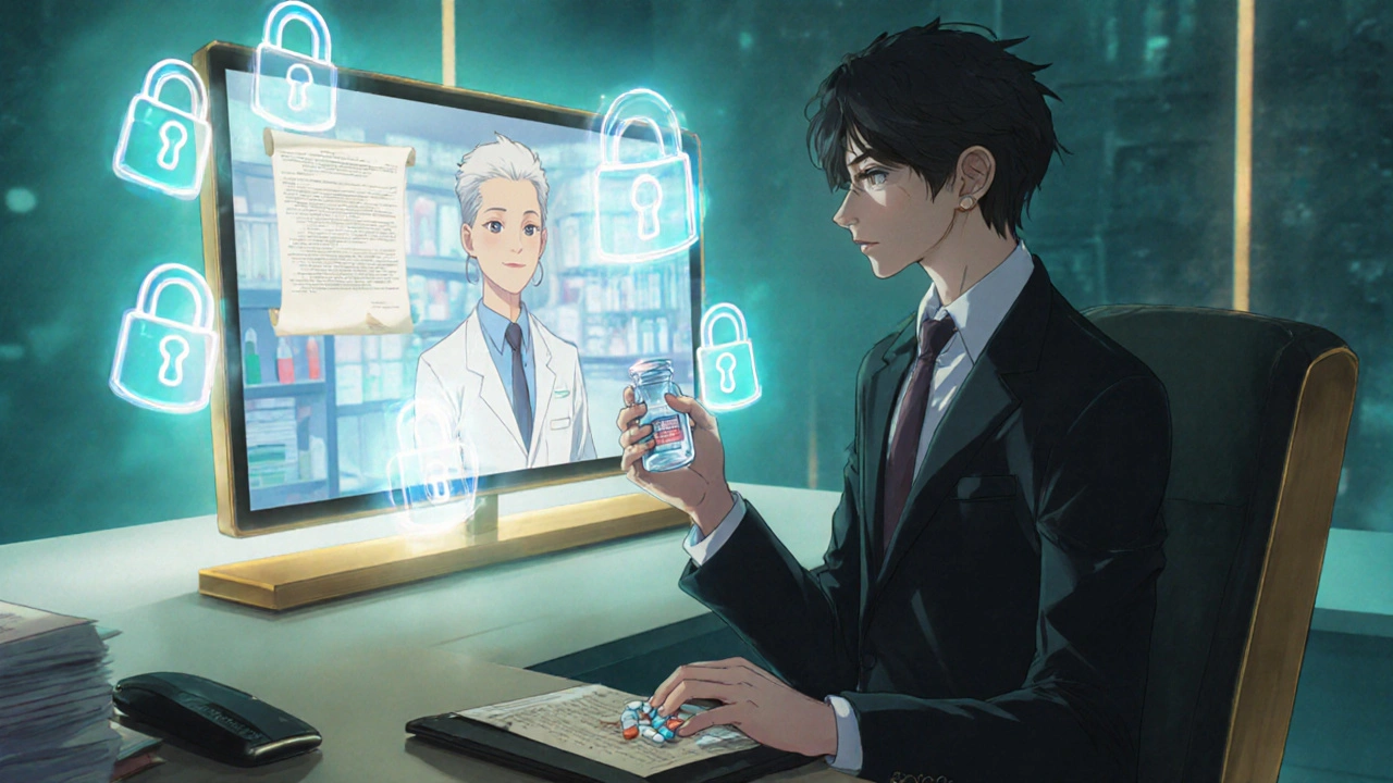Man consulting a holographic pharmacist, viewing secure purchase icons and a pill bottle.