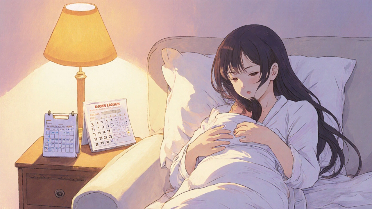 New mother holding baby on a couch, with pill organizer and treatment calendar nearby.