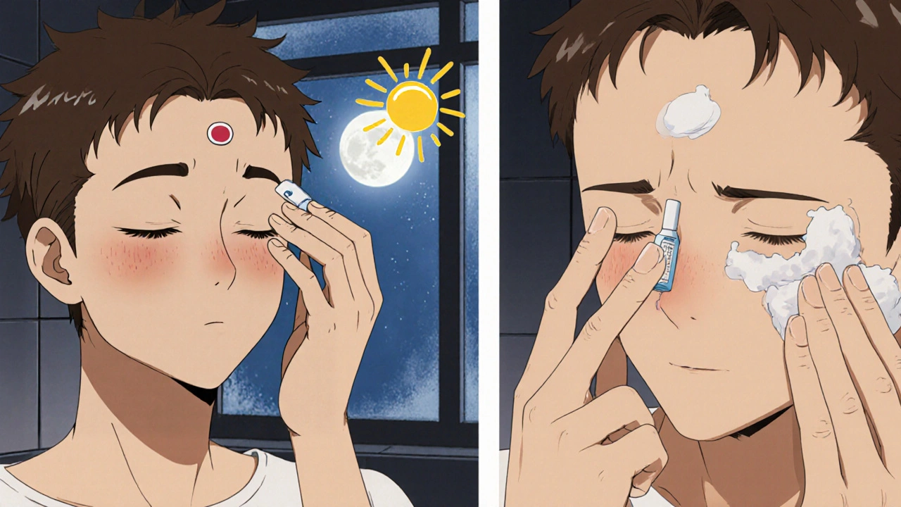 Nighttime routine: person applies pea-sized retinoid, then moisturizer, sunrise hint.