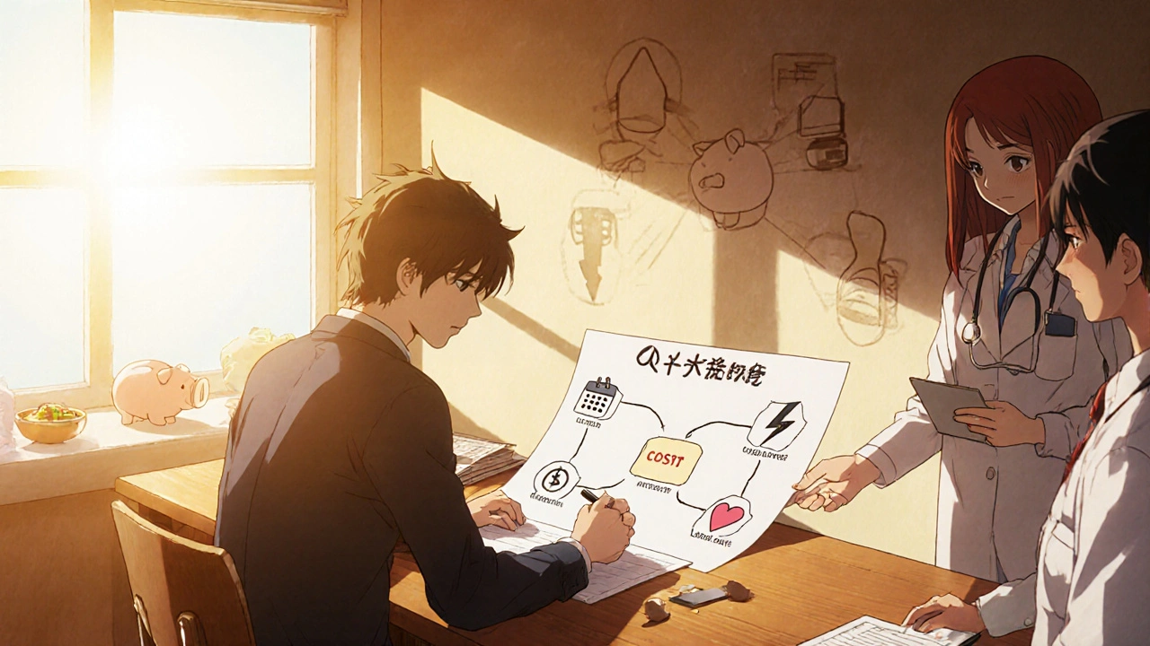 Person sketching a flowchart of medication criteria with a doctor nearby at sunrise.