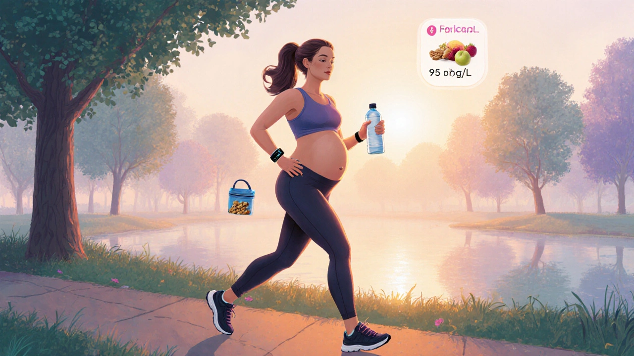 Pregnant woman walking in a sunrise park, holding water bottle and snack.