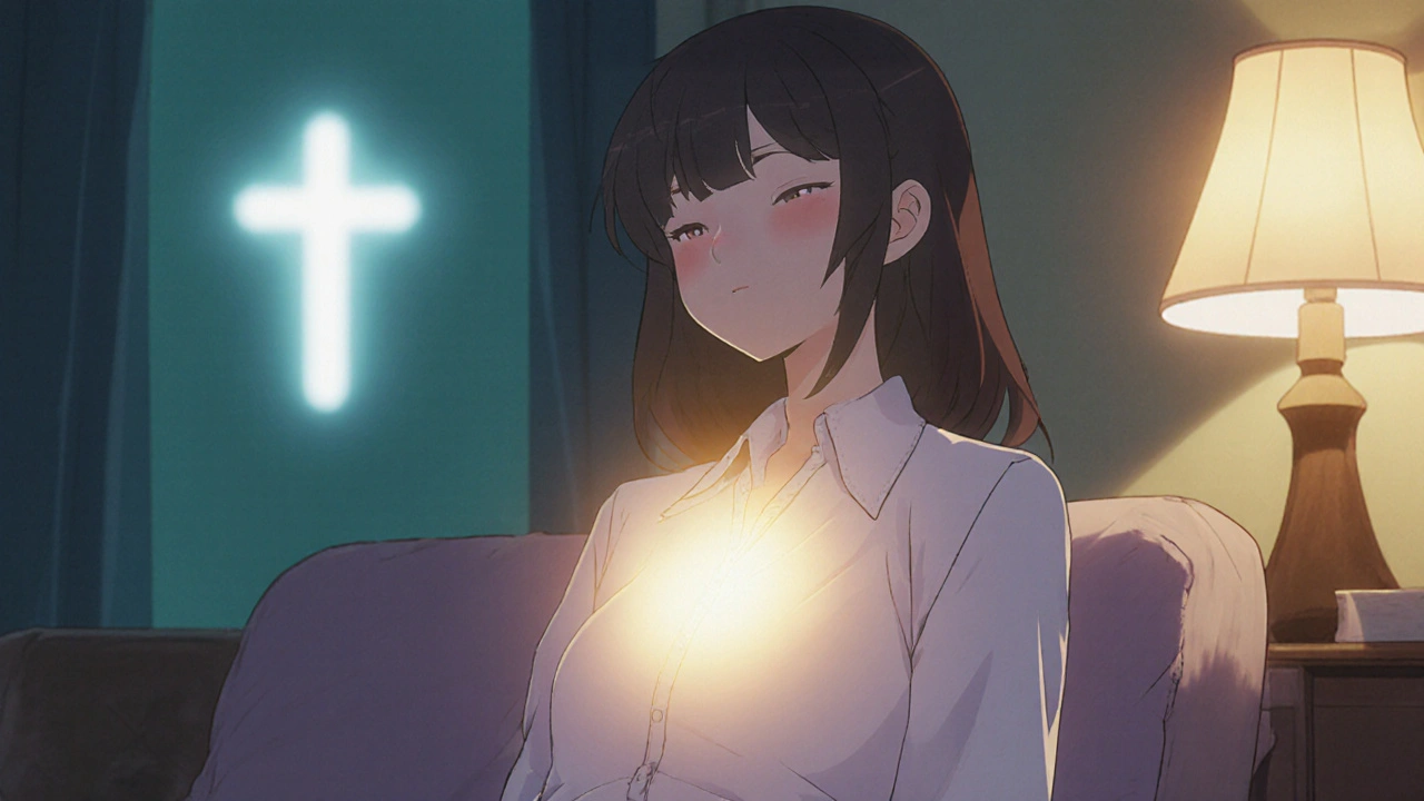 Relaxed woman smiling with soft golden light over her chest, indicating relief.