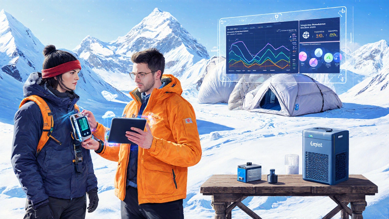 Researchers at base camp using wearable sensors, ultrasound, and AI dashboard to monitor climbers.