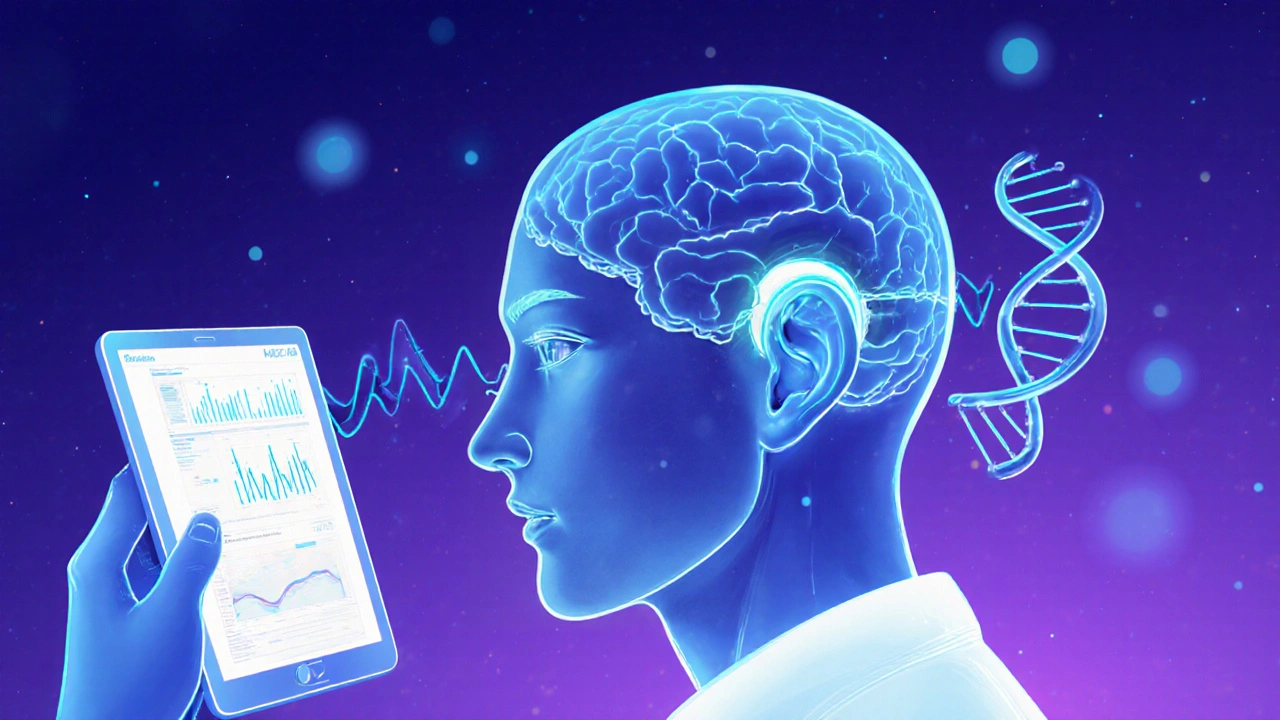 Semi‑transparent head shows neural implant and DNA helix delivering sound to brain.