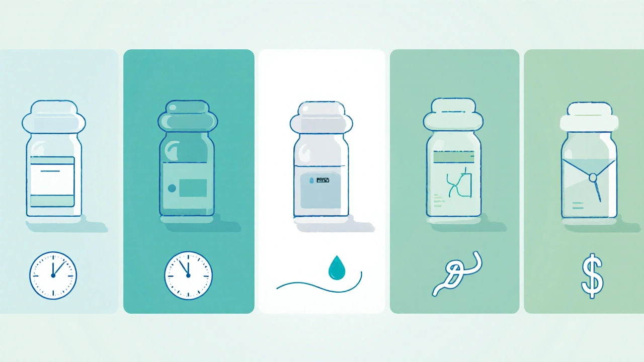 Side‑by‑side visual of five BPH medicines with icons for onset, side effects, and cost.