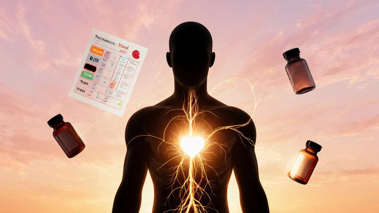 Silhouette filled with glowing nutrients and sunrise, symbolizing mood recovery.