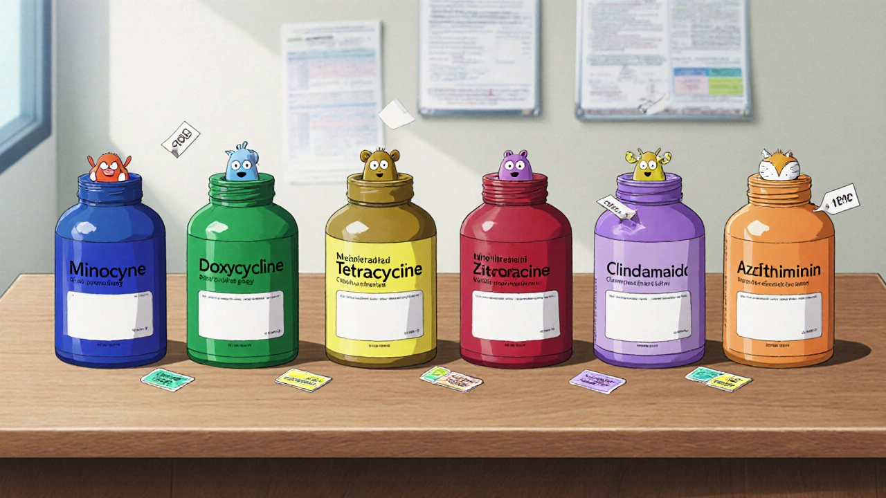 Six medication bottles with colorful caps arranged on a clinic desk for comparison.