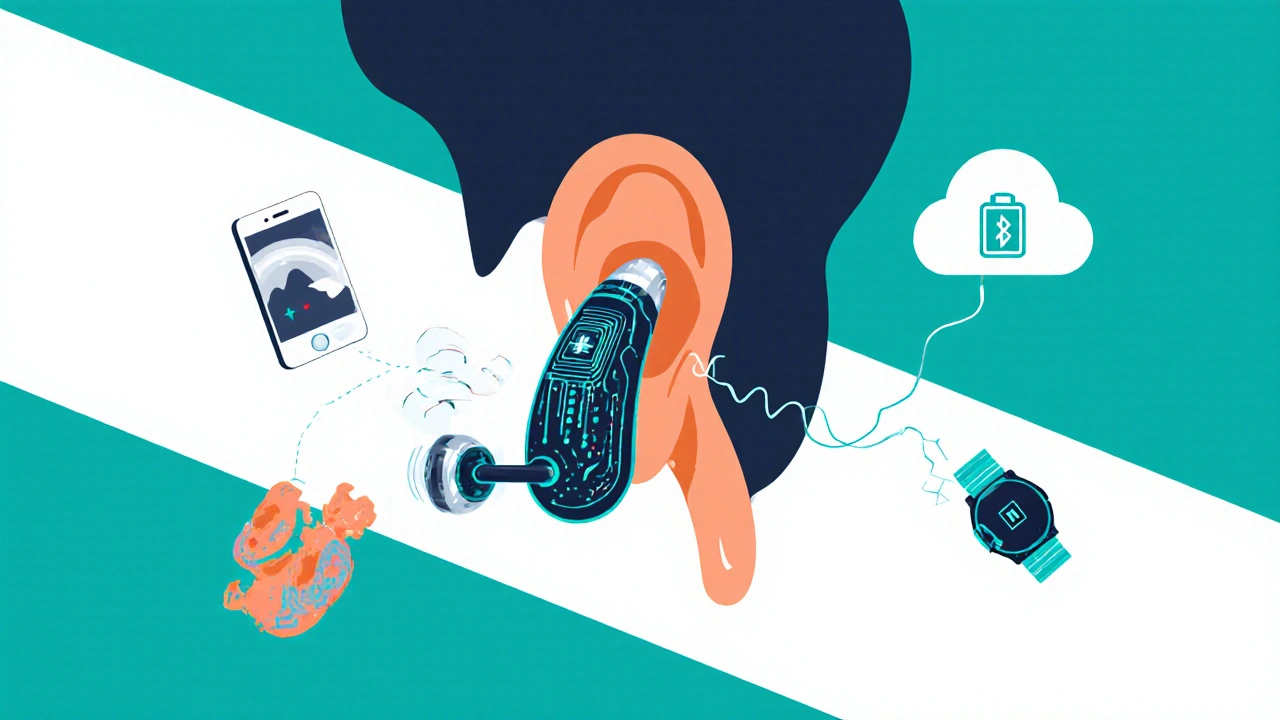 Smart hearing aid with AI circuitry connects via Bluetooth to phone and shows health data.