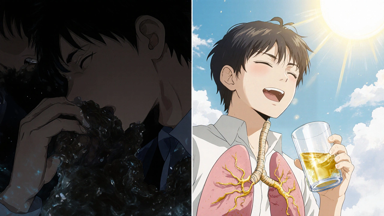 Split scene: dark clogged lungs transforming into clear fluid flow, symbolizing guaifenesin’s effect with water droplet.