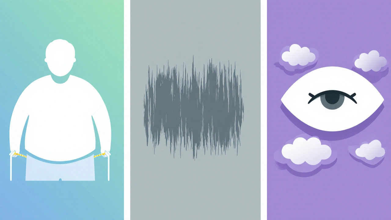 Three panels depict weight gain, tremor, and sedation as side‑effect themes for antipsychotics.