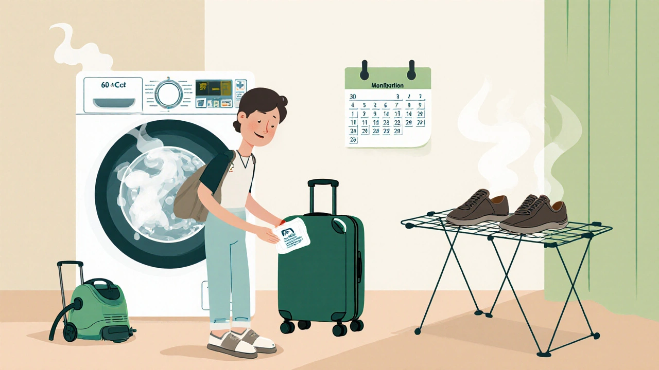 Traveler cleaning luggage, washing clothes, and vacuuming shoes after returning home.