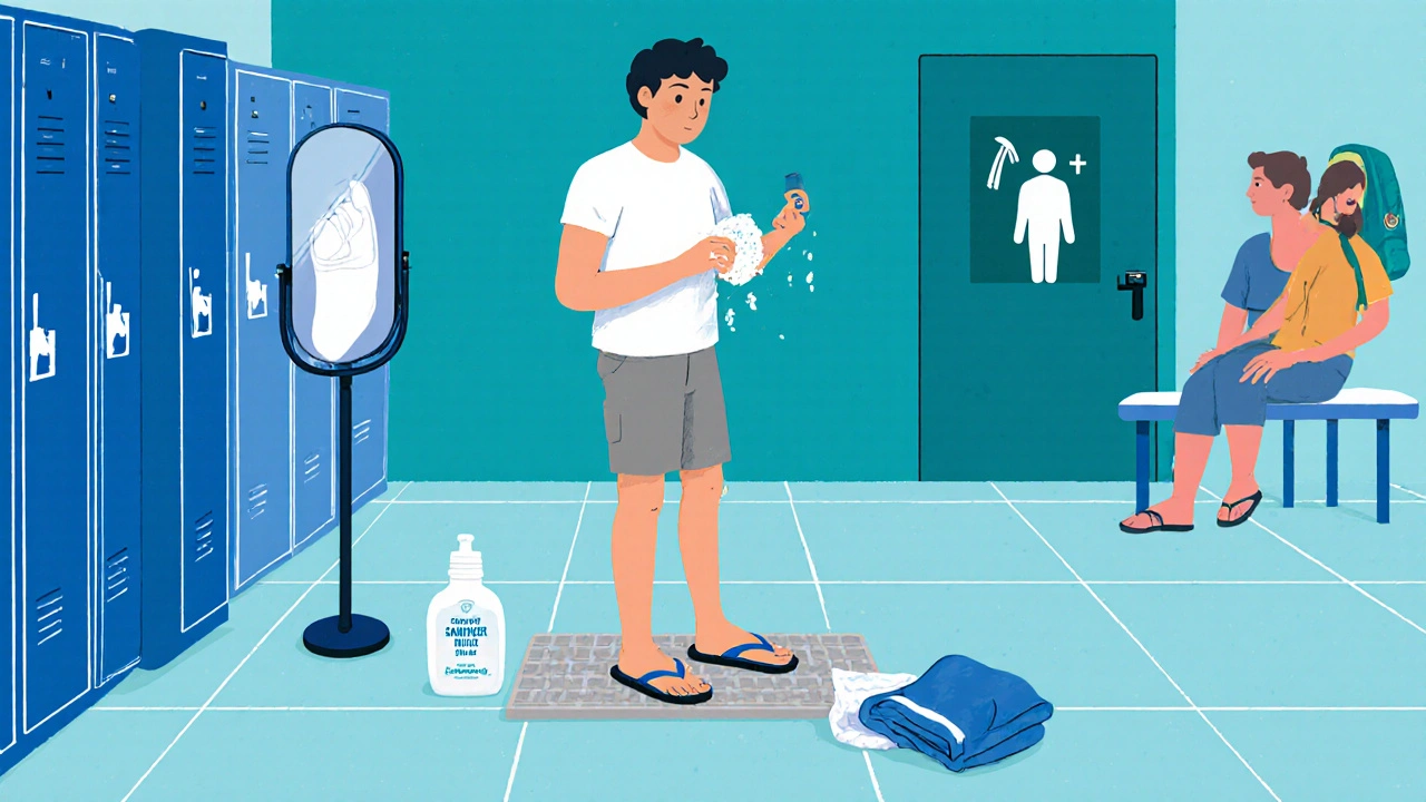 Traveler wearing flip‑flops in a hostel shower, applying foot powder and inspecting feet.