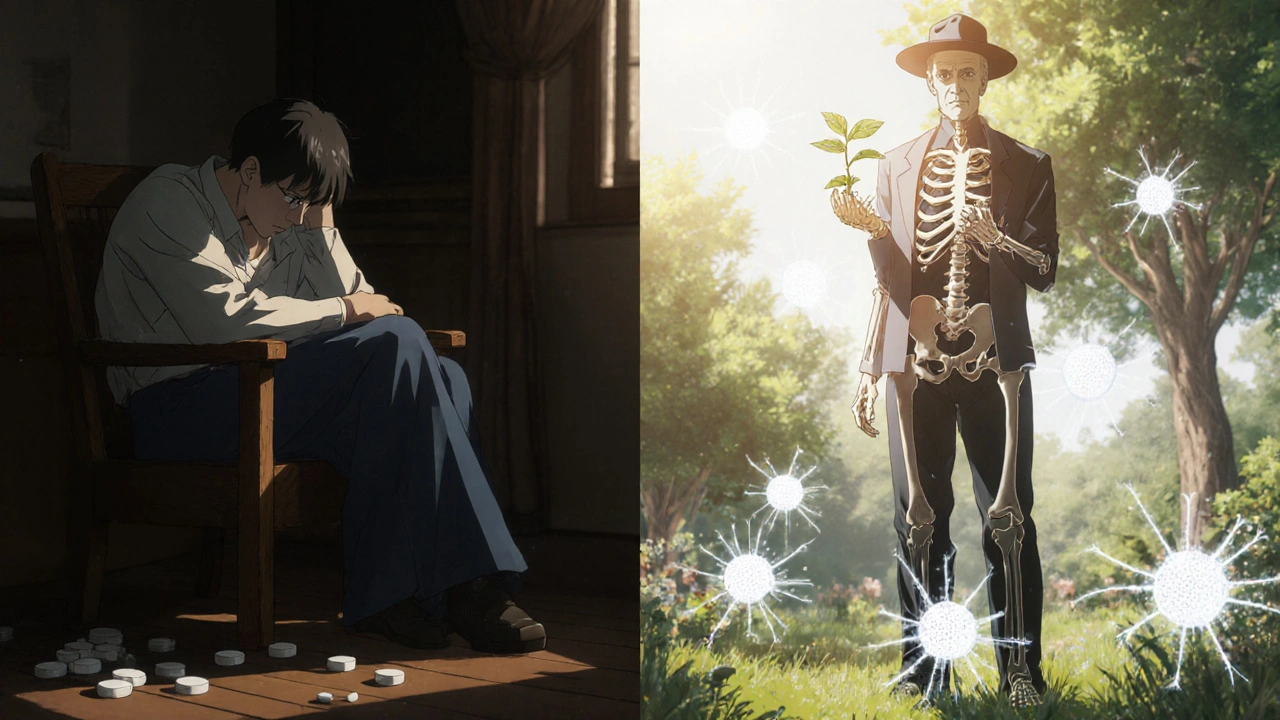 Two patients contrast: one surrounded by opioids in shadow, another standing in sunlight with healing immune cells.