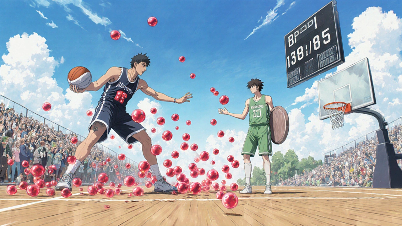 A basketball metaphor showing a player preserving potassium while lowering blood pressure.