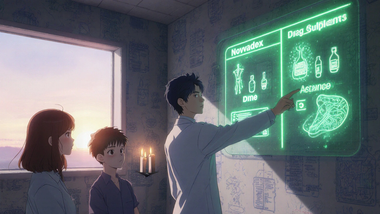 A doctor explains drug efficacy using a hologram, with Nolvadex glowing brightly while natural supplements fade.
