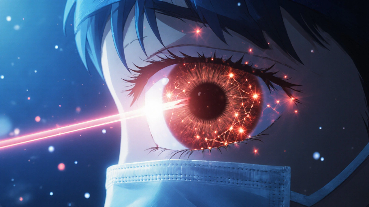 A doctor using laser treatment on a retina, glowing red dots repairing damaged blood vessels in a dark eye.