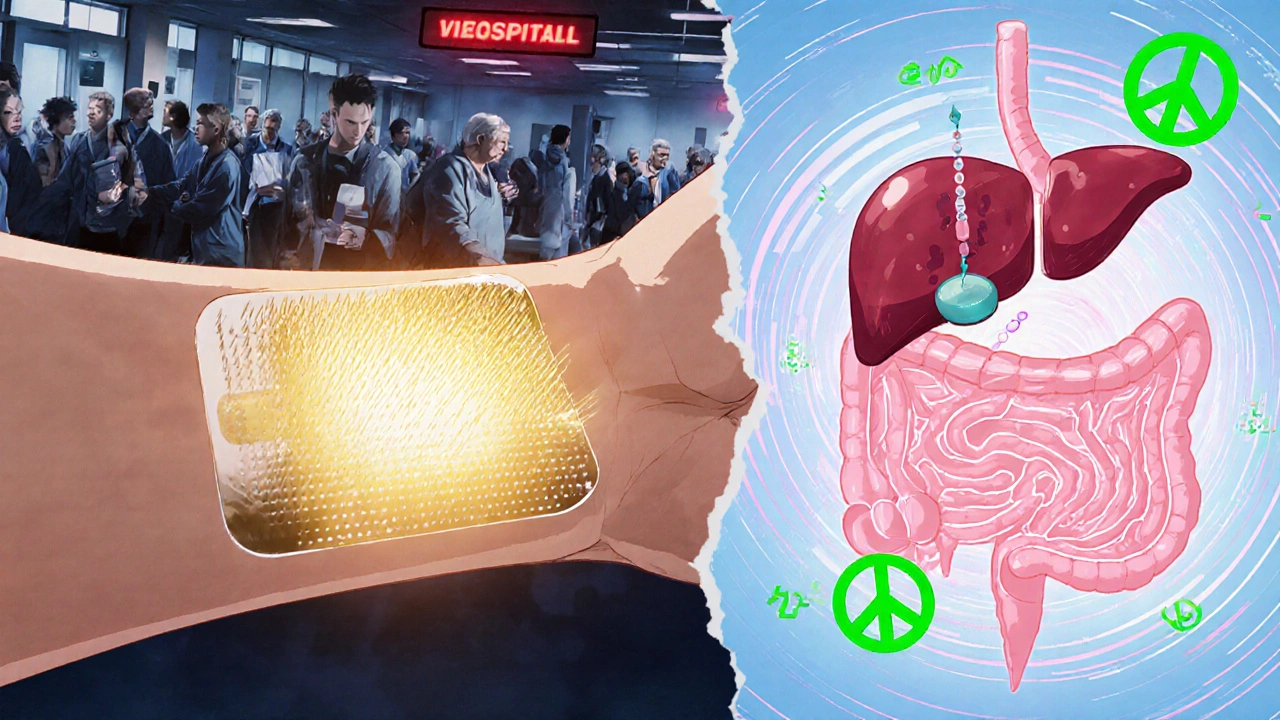A glowing microneedle patch delivering medicine into the bloodstream, beside a pill dissolving in a digestive tract with liver absorption loss.
