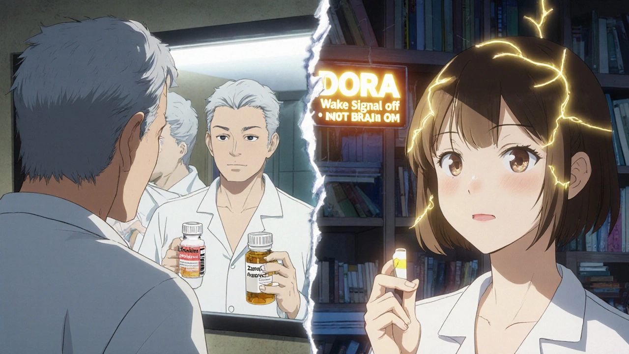 A man&#039;s fragmented reflection beside a woman glowing with clarity, representing different sleep aids&#039; effects on the brain.