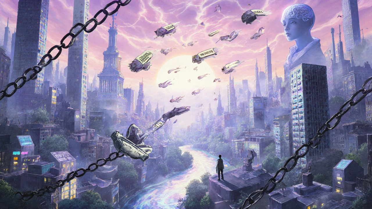 A neural city in decay under heavy chains, with bird-like drones restoring light and order at dawn.