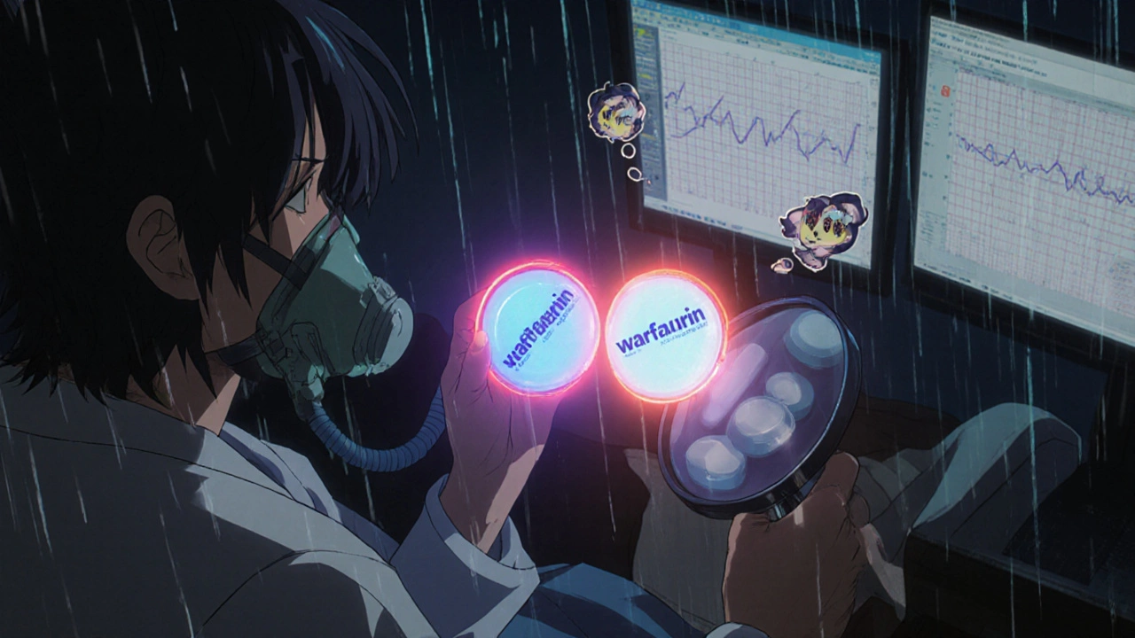 A patient in emergency room with doctors comparing two generic warfarin pills, monitors showing erratic readings.