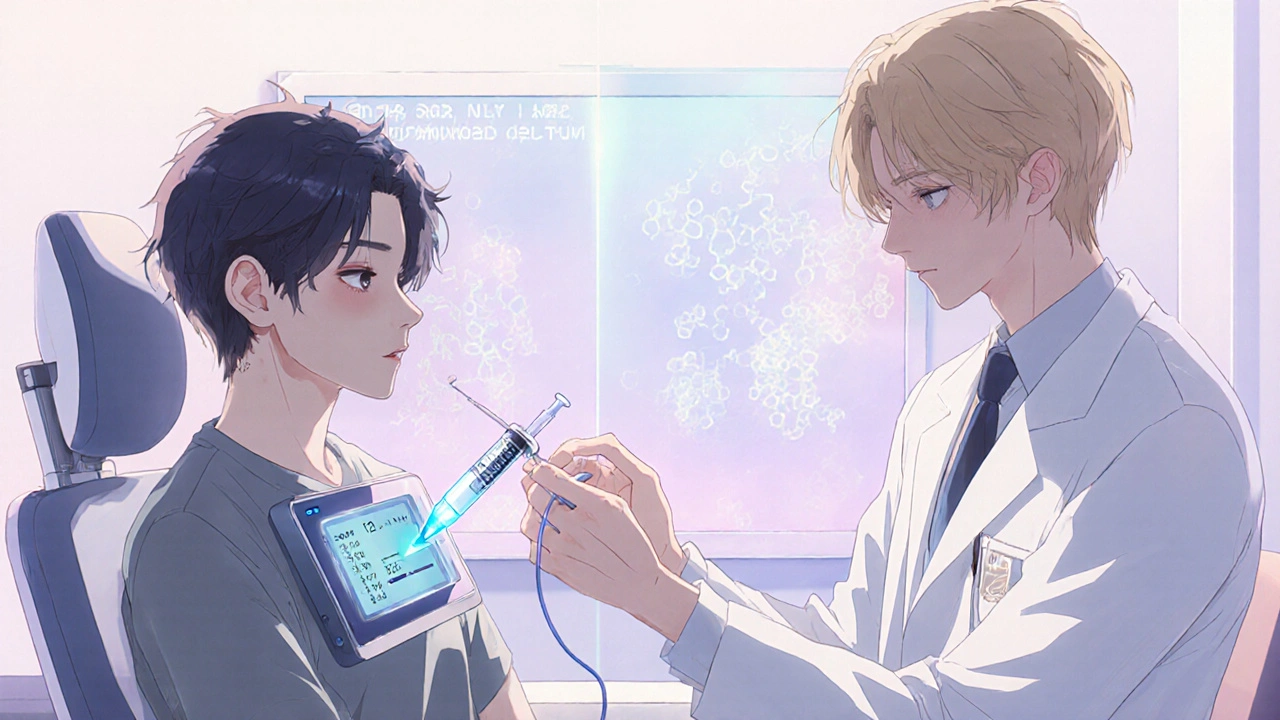 A patient receiving a controlled insulin dose with a glowing CGM display in a calm clinic setting.